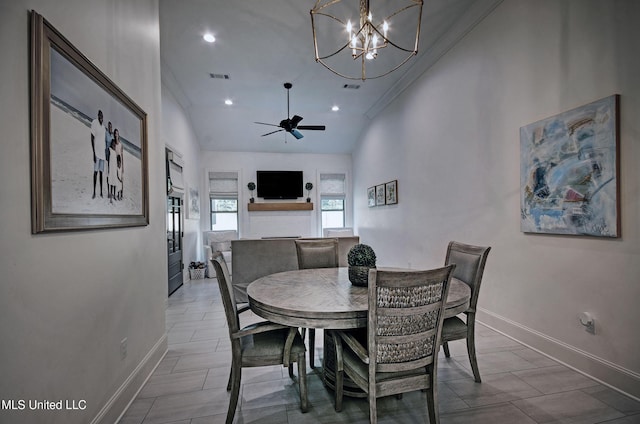 220 S Woodcreek Rd, Madison, MS 39110 - dining room with ornamental molding, a chandelier, a ceiling fan, recessed lighting, and vaulted ceiling