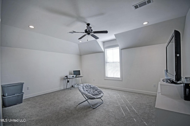 220 S Woodcreek Rd, Madison, MS 39110 - unfurnished room featuring carpet flooring, vaulted ceiling, recessed lighting, a ceiling fan, and an office area