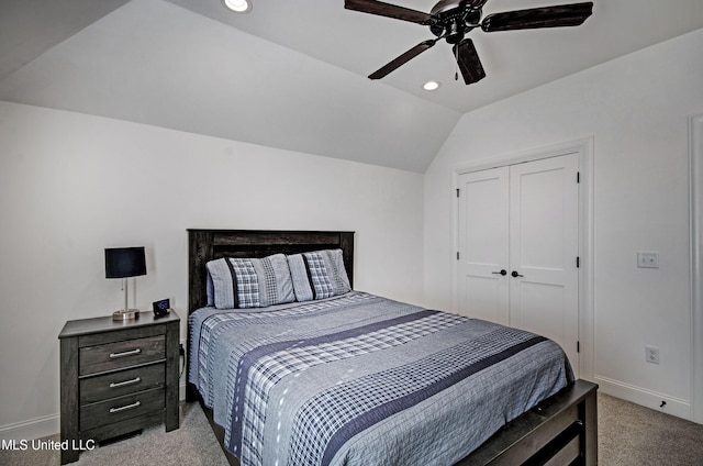 220 S Woodcreek Rd, Madison, MS 39110 - carpeted bedroom with recessed lighting, lofted ceiling, a closet, and ceiling fan