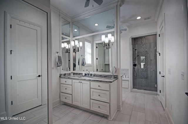 220 S Woodcreek Rd, Madison, MS 39110 - full bathroom with crown molding, a chandelier, a stall shower, vanity, and ceiling fan