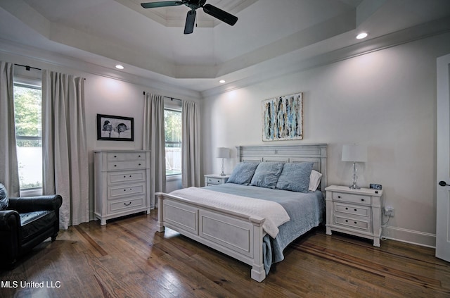 220 S Woodcreek Rd, Madison, MS 39110 - bedroom with a raised ceiling, dark wood-type flooring, recessed lighting, and a ceiling fan