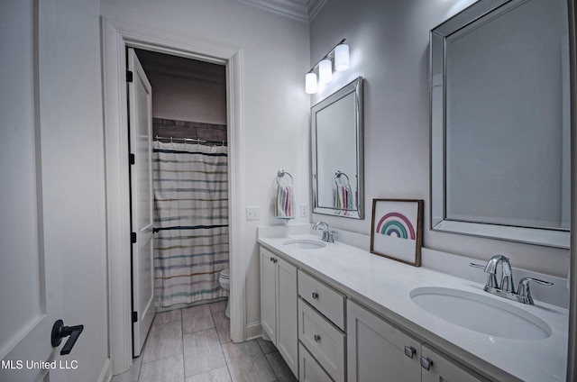 220 S Woodcreek Rd, Madison, MS 39110 - full bath featuring double vanity, crown molding, and curtained shower