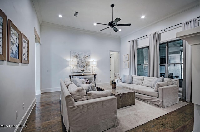 220 S Woodcreek Rd, Madison, MS 39110 - living room featuring ceiling fan, ornamental molding, dark wood-style floors, and recessed lighting