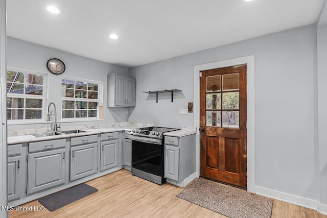 kitchen with sink, light hardwood / wood-style floors, gray cabinetry, and stainless steel electric range