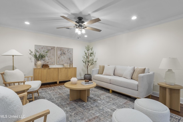 13901 Plano Rd, Ocean Springs, MS 39564 - living area featuring a ceiling fan, dark wood finished floors, recessed lighting, baseboards, and ornamental molding