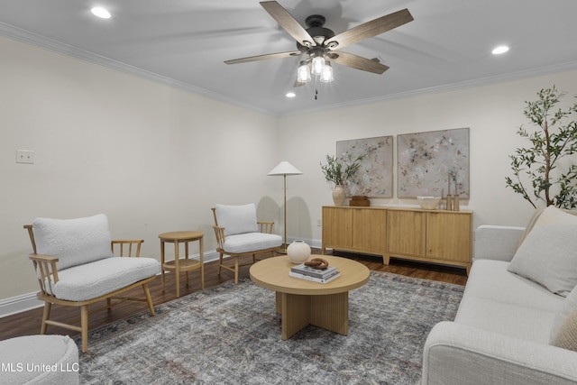 13901 Plano Rd, Ocean Springs, MS 39564 - living area featuring dark wood-type flooring, ornamental molding, ceiling fan, recessed lighting, and baseboards