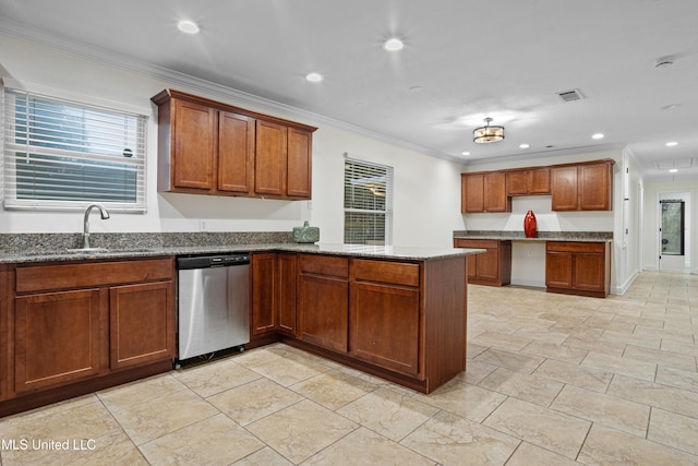 kitchen featuring sink, stainless steel dishwasher, kitchen peninsula, crown molding, and dark stone countertops