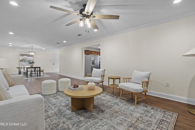 13901 Plano Rd, Ocean Springs, MS 39564 - living room with dark wood-type flooring, recessed lighting, a ceiling fan, baseboards, and crown molding