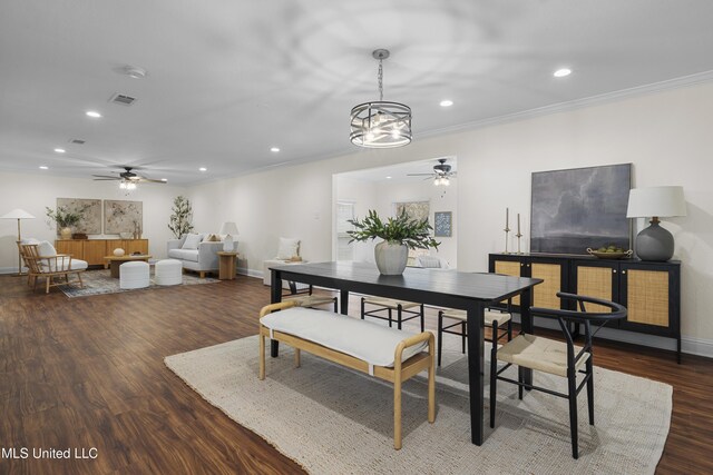 13901 Plano Rd, Ocean Springs, MS 39564 - dining space featuring ceiling fan, recessed lighting, wood finished floors, baseboards, and ornamental molding