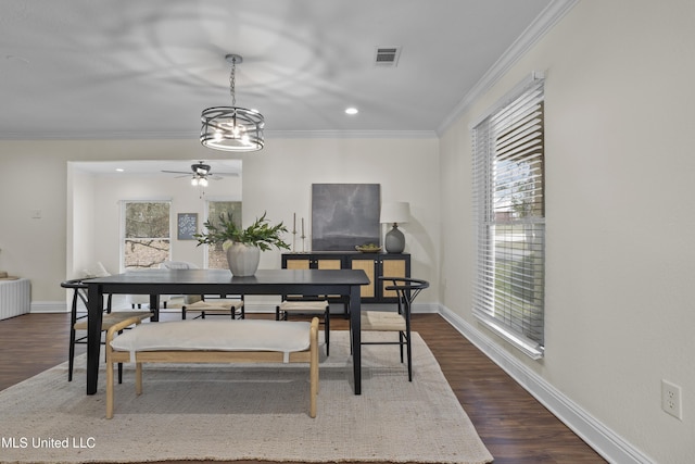 13901 Plano Rd, Ocean Springs, MS 39564 - dining space with a ceiling fan, recessed lighting, ornamental molding, baseboards, and dark wood-style floors