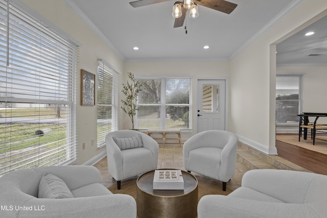 13901 Plano Rd, Ocean Springs, MS 39564 - living room with ornamental molding, baseboards, a ceiling fan, and recessed lighting
