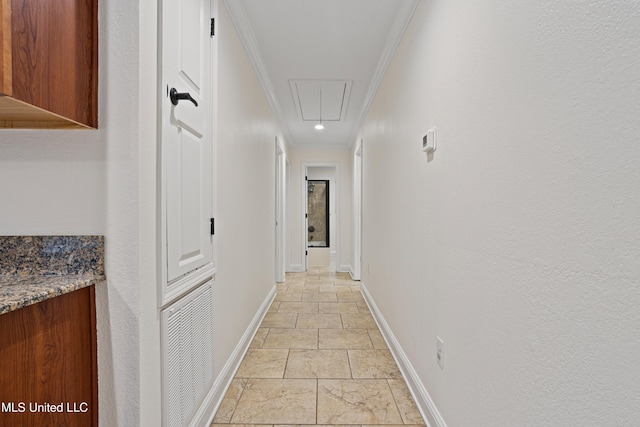 13901 Plano Rd, Ocean Springs, MS 39564 - corridor with attic access, ornamental molding, baseboards, and stone tile flooring