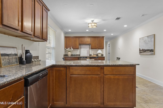 kitchen with stone counters, brown cabinetry, visible vents, and dishwasher