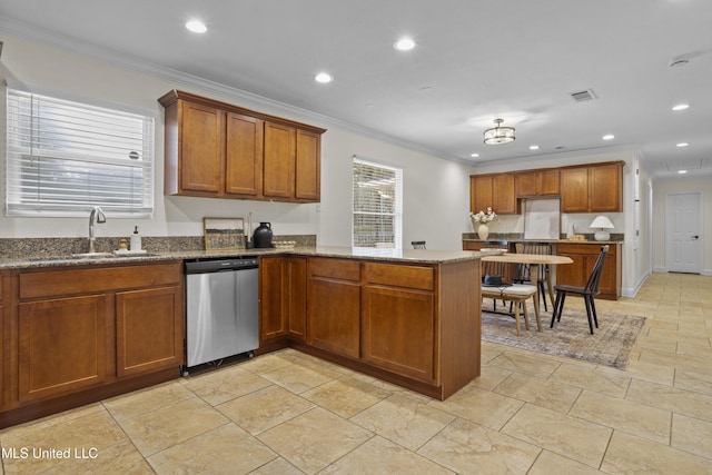 kitchen featuring crown molding, brown cabinets, a sink, and stainless steel dishwasher