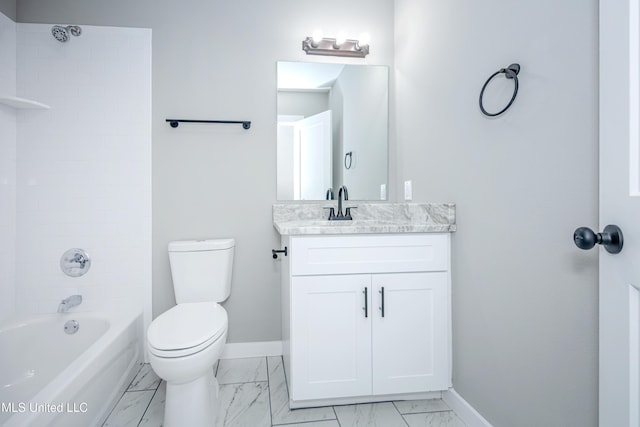 full bathroom with vanity, tiled shower / bath combo, and toilet