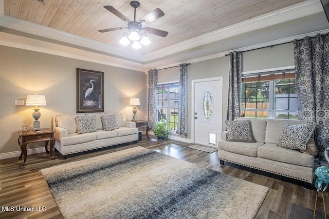 living room with crown molding, wooden ceiling, dark hardwood / wood-style floors, a raised ceiling, and ceiling fan