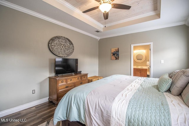 bedroom featuring wood ceiling, ceiling fan, a tray ceiling, ornamental molding, and dark hardwood / wood-style flooring