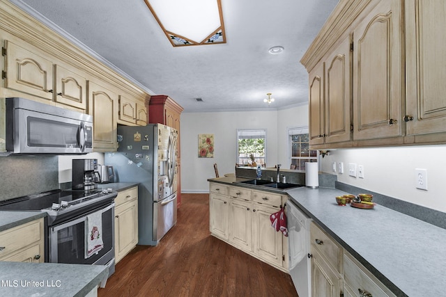 kitchen featuring light brown cabinets, appliances with stainless steel finishes, ornamental molding, dark wood-type flooring, and sink