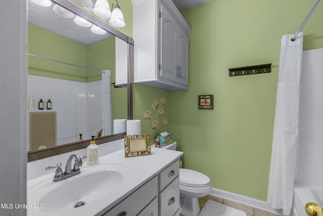 full bathroom featuring vanity, shower / tub combo with curtain, toilet, and tile patterned floors