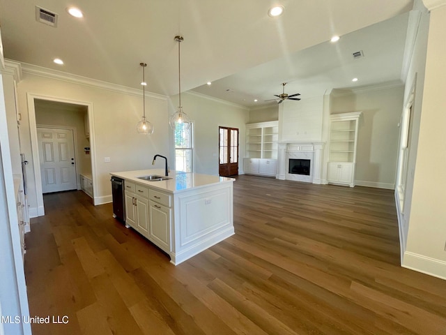352 Wellstone Pl, Madison, MS 39110 - kitchen with a ceiling fan, a sink, crown molding, baseboards, and dark wood finished floors