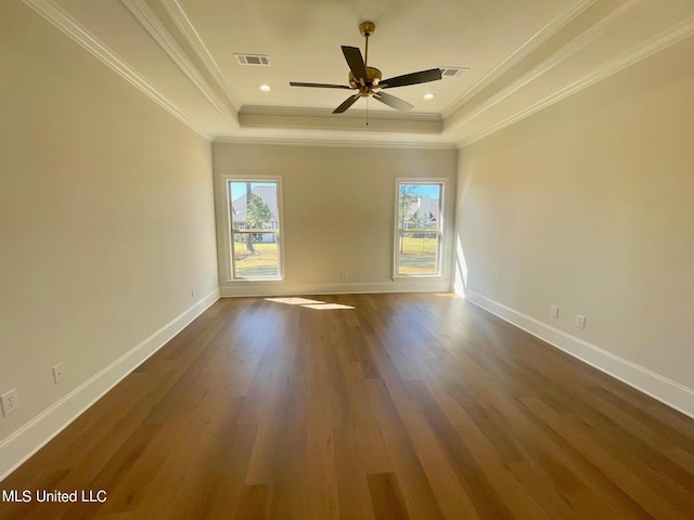 352 Wellstone Pl, Madison, MS 39110 - empty room with a tray ceiling, wood finished floors, baseboards, ceiling fan, and ornamental molding