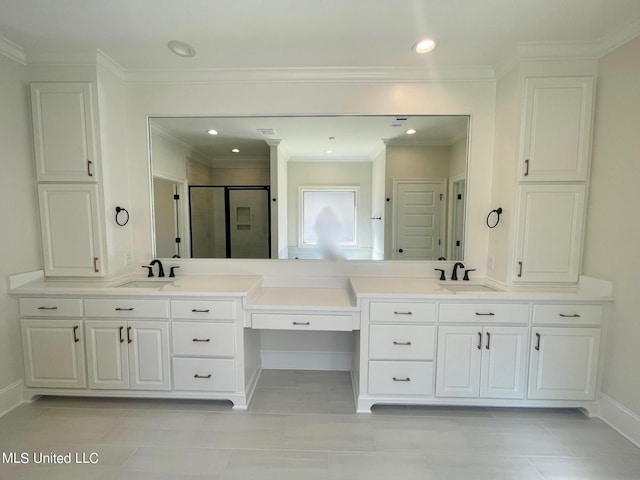 352 Wellstone Pl, Madison, MS 39110 - bathroom with a shower stall, double vanity, recessed lighting, and baseboards