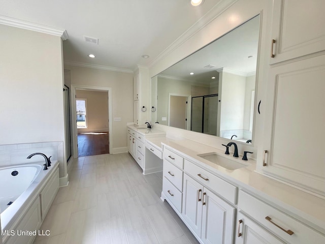 352 Wellstone Pl, Madison, MS 39110 - full bathroom with vanity, a stall shower, a bath, crown molding, and recessed lighting
