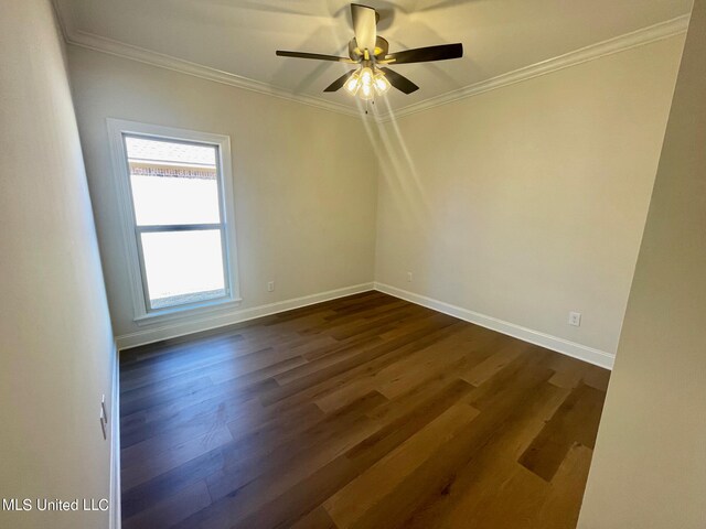 unfurnished room with crown molding, dark hardwood / wood-style floors, and ceiling fan