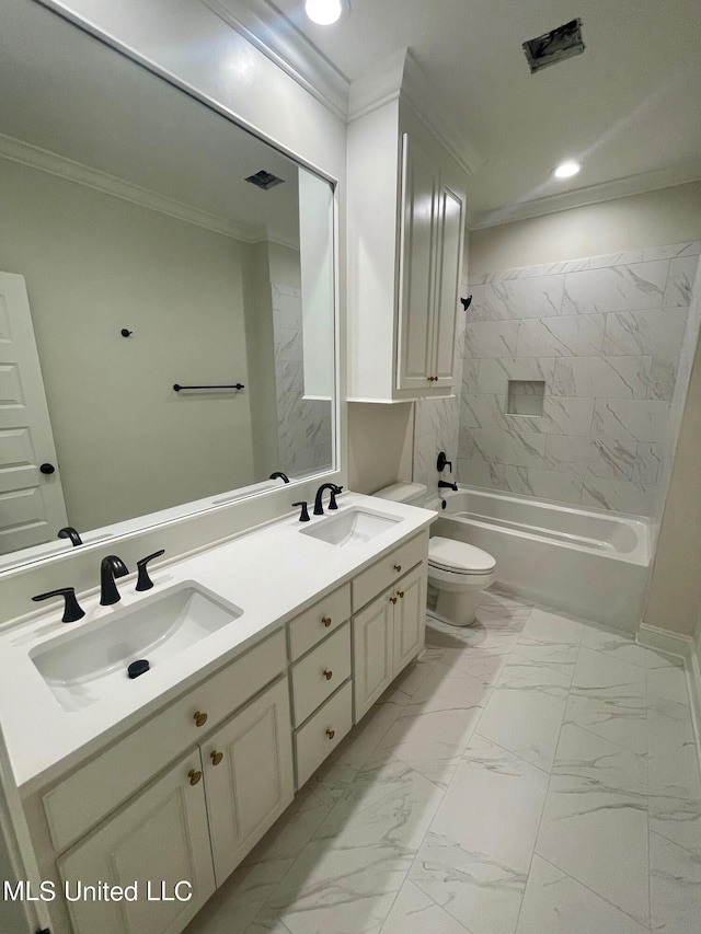 full bathroom with toilet, ornamental molding, tiled shower / bath combo, and vanity