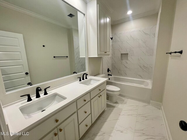 full bathroom featuring vanity, toilet, tiled shower / bath combo, and ornamental molding