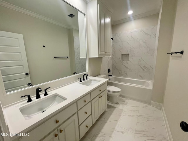 352 Wellstone Pl, Madison, MS 39110 - bathroom featuring ornamental molding, marble look tile flooring, baseboards, toilet, and double vanity