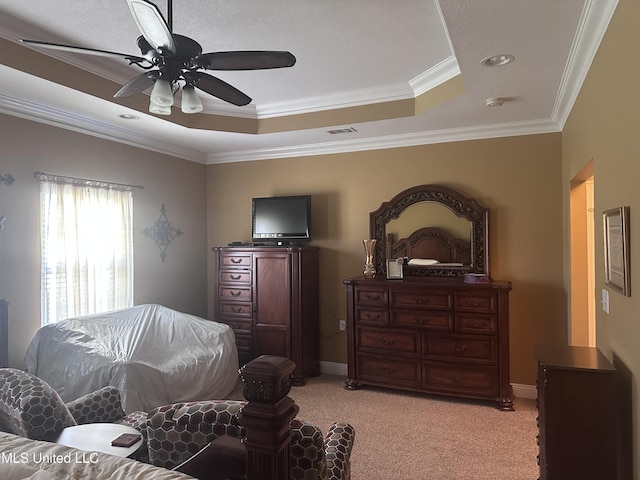 8101 Pecan Ridge Dr, Moss Point, MS 39562 - bedroom with a tray ceiling, crown molding, light colored carpet, ceiling fan, and recessed lighting