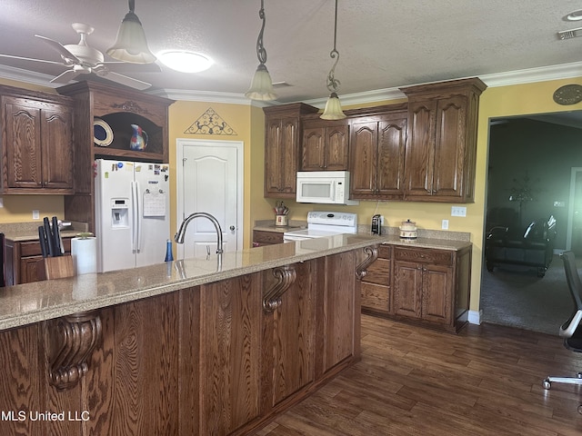 8101 Pecan Ridge Dr, Moss Point, MS 39562 - kitchen with white appliances, a ceiling fan, ornamental molding, dark wood-style floors, and decorative light fixtures