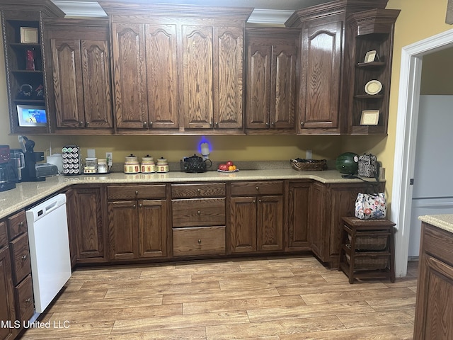 8101 Pecan Ridge Dr, Moss Point, MS 39562 - kitchen with open shelves, white dishwasher, light countertops, light wood-style floors, and dark brown cabinets