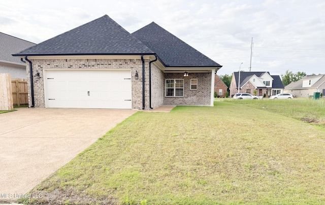 view of front of house featuring roof with shingles, fence, an attached garage, brick siding, and driveway