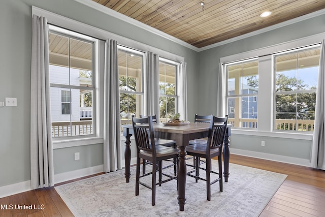 dining area with hardwood / wood-style floors, wood ceiling, baseboards, and ornamental molding