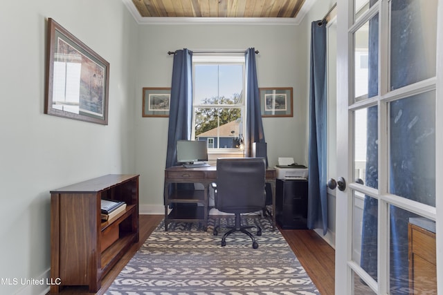 office space with french doors, wooden ceiling, dark wood-style floors, and crown molding