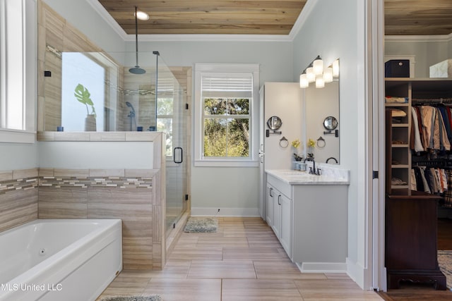 bathroom featuring a shower stall, wooden ceiling, vanity, and ornamental molding