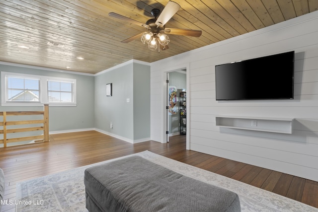 bedroom with ornamental molding, a ceiling fan, hardwood / wood-style flooring, baseboards, and wood ceiling