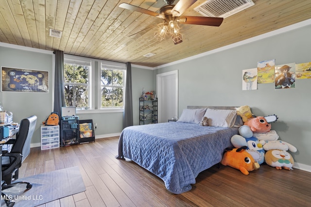 bedroom with wood finished floors, wood ceiling, visible vents, and baseboards