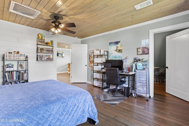 bedroom with visible vents, wood finished floors, and wooden ceiling