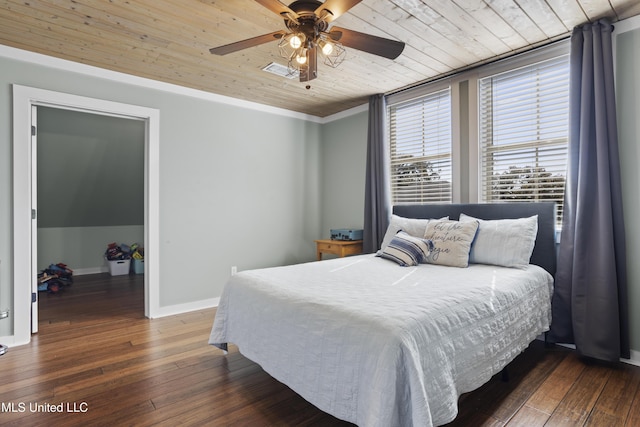 bedroom featuring visible vents, ceiling fan, baseboards, wood ceiling, and wood-type flooring