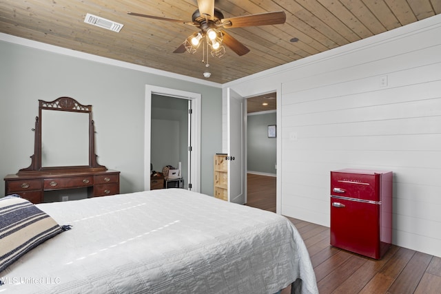 bedroom featuring visible vents, wood ceiling, ornamental molding, and hardwood / wood-style flooring