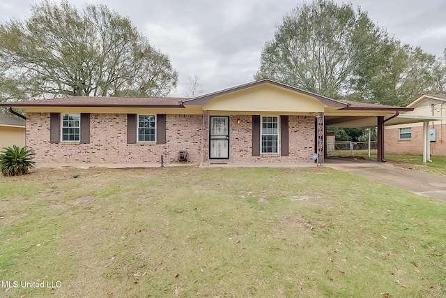 single story home with a carport and a front lawn