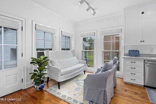 interior space with light wood-style flooring, ornamental molding, and track lighting