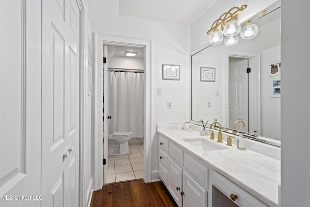 full bath featuring toilet, wood finished floors, vanity, and a shower with curtain