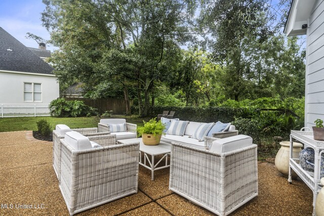 view of patio / terrace featuring a fenced backyard and outdoor lounge area