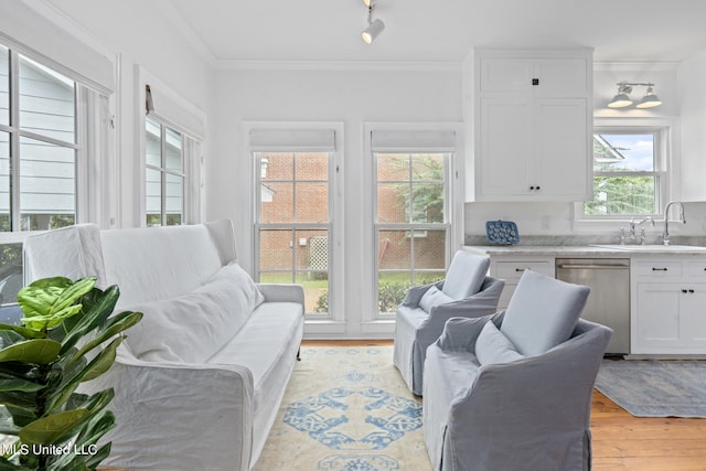 sunroom with a sink and track lighting