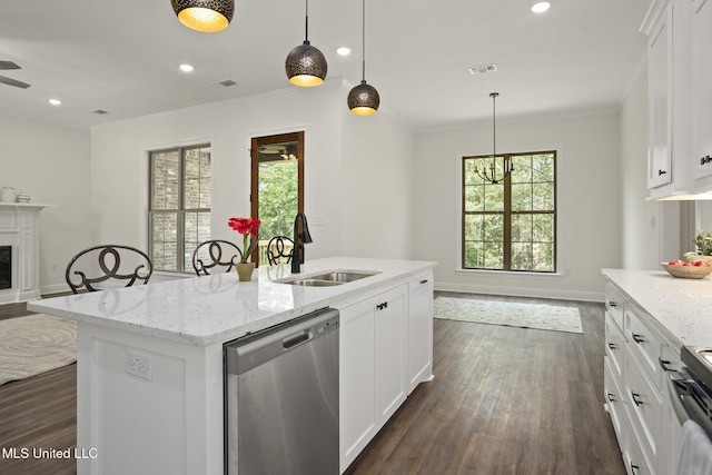 kitchen with range with electric cooktop, visible vents, dishwasher, a sink, and dark wood-style floors