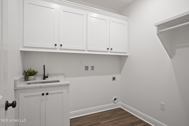 laundry room with cabinet space, dark wood-style flooring, washer hookup, a sink, and hookup for an electric dryer